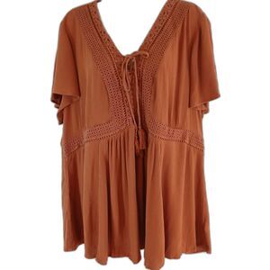 Torrid top brown lace trim tie up flutter sleeve sz 3 boho peasant casual work